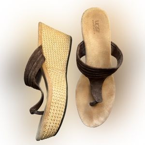 UGG Australia Zamora Suede Woven Platform Thong Brown Wedge Espadrilles Sandals